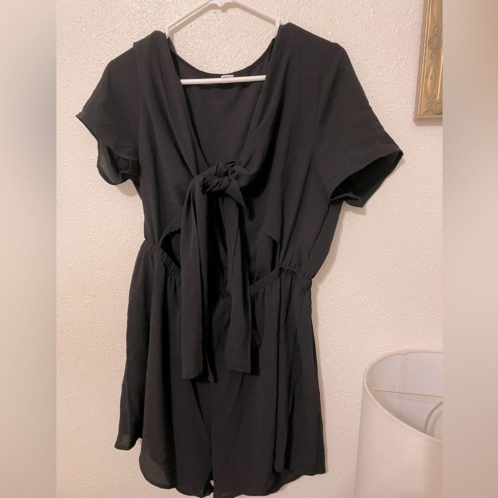 Black Tie-Front Short Sleeve Romper